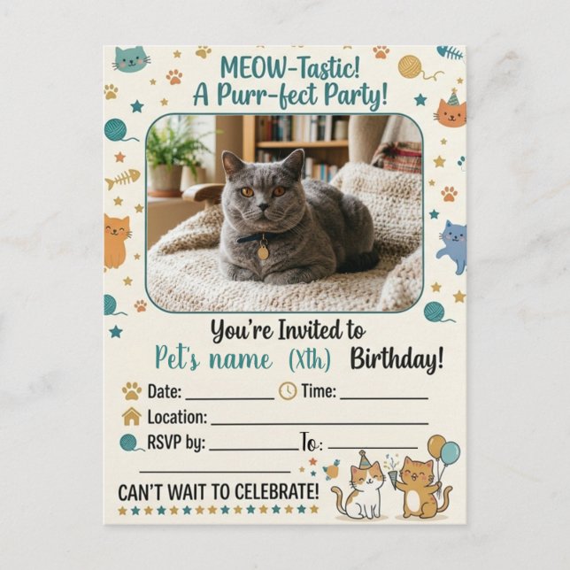 Convite de aniversário de gato personalizável com  (Frente)