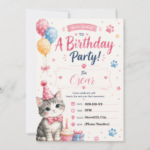 Convite de Aniversário de Gato Personalizável em A