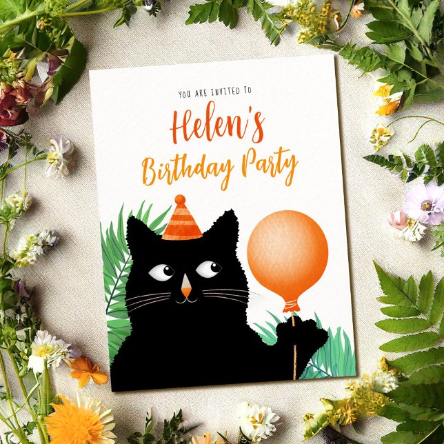 Convite de aniversário de gato preto postcard (Criador carregado)