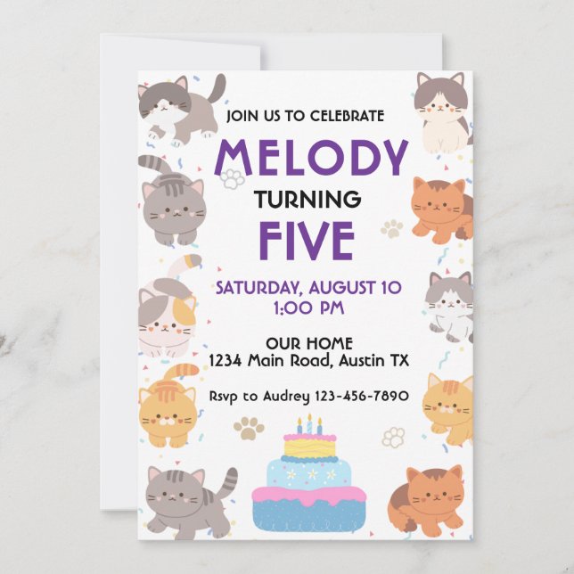 Convite de Aniversário de Gatos Fofos (Frente)