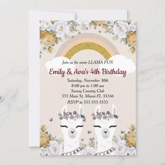 Convite de Aniversário de Gêmeos de Alpaca e Llama (Frente)