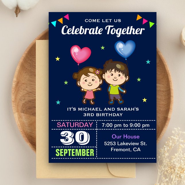 Convite de Aniversário de Gêmeos Menino e Menina F (Criador carregado)