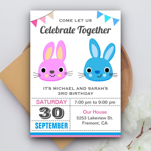 Convite de Aniversário de Gêmeos Menino Menina Coe (Criador carregado)