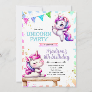 convite de aniversário de ginástica de unicórnio