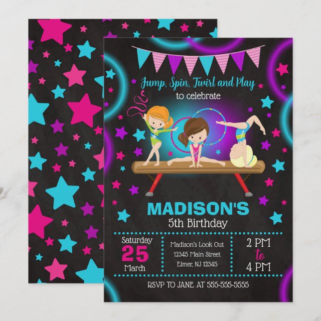 Convite de Aniversário de Ginástica Neon Glow (Frente/Verso)