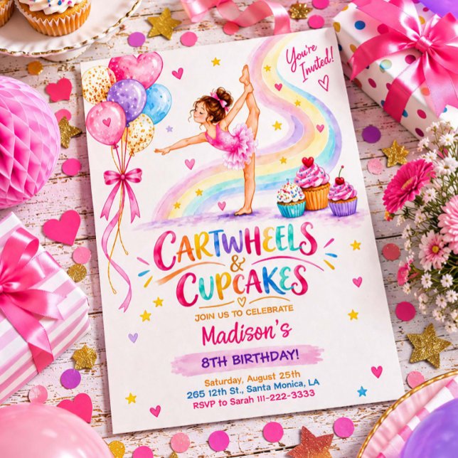 Convite de Aniversário de Ginástica Rodas e Cupcak (Cartwheels & Cupcakes Gymnastics Birthday Invite)