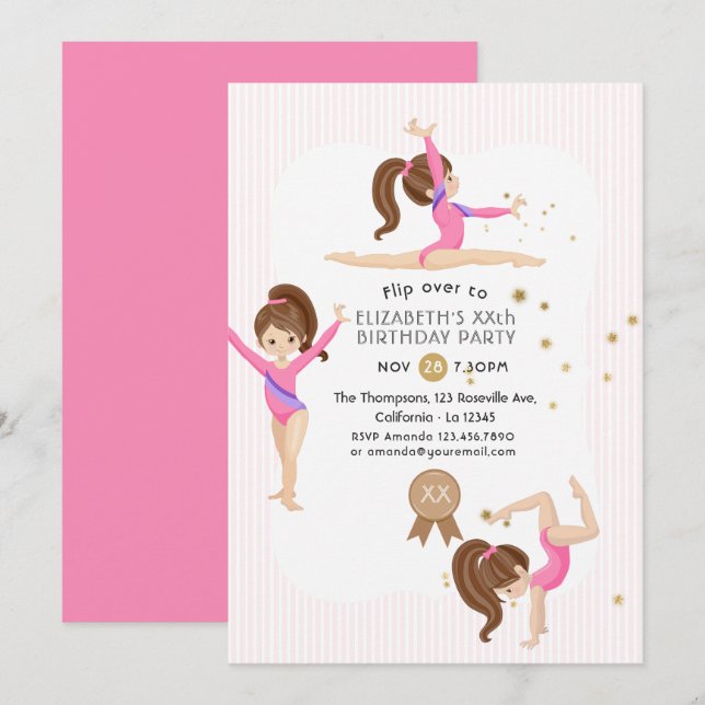 Convite de Aniversário de Ginástica Rosa e Dourado (Frente/Verso)