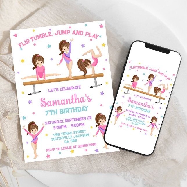 Convite de Aniversário de Ginástica Salto Tumble (Criador carregado)