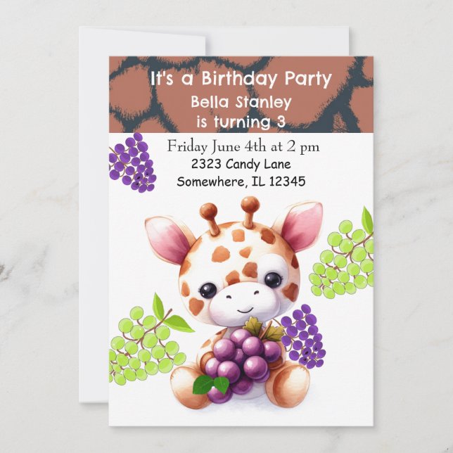 Convite de Aniversário de Girafa Bebê com Uvas (Frente)
