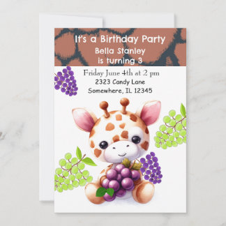 Convite de Aniversário de Girafa Bebê com Uvas