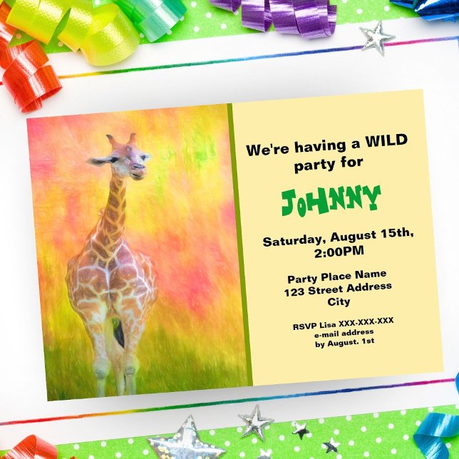 Convite de Aniversário de Girafa Colorido em Aquar (Sweet invitation for some wild fun! )