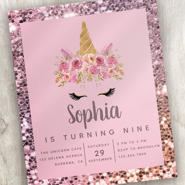 Convite de aniversário de Glitter Unicorn de Orçam (Criador carregado)