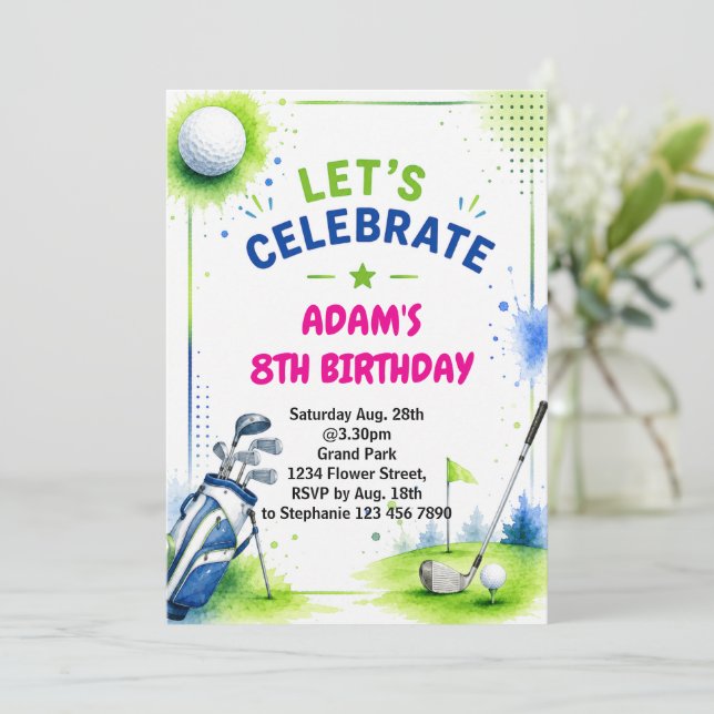 Convite de Aniversário de Golfe Aquarela (Em pé/Frente)