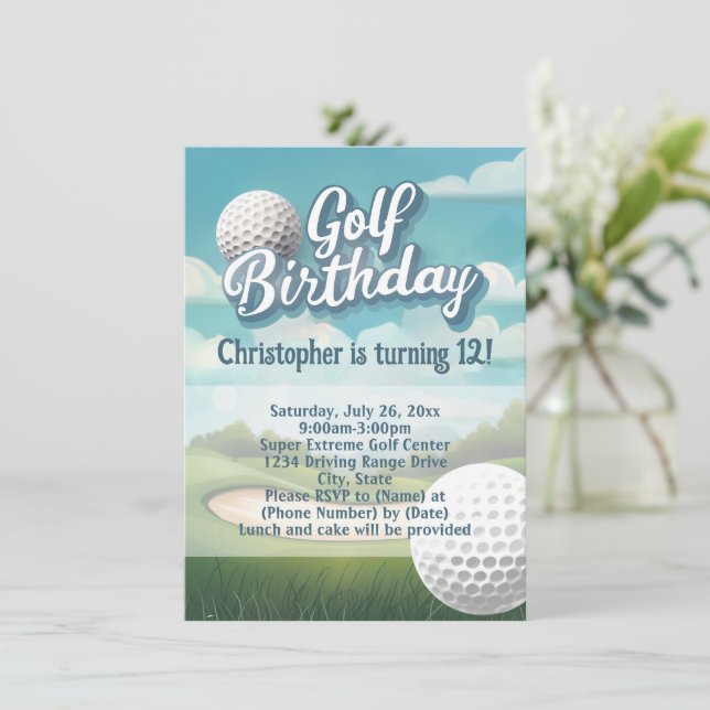 Convite de aniversário de Golfe do Range de Conduç (Em pé/Frente)
