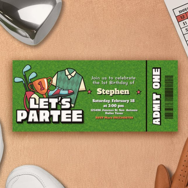Convite de Aniversário de Golfe Lets Partee - Ingr (Lets Partee - Golf Birthday Ticket Invitation)