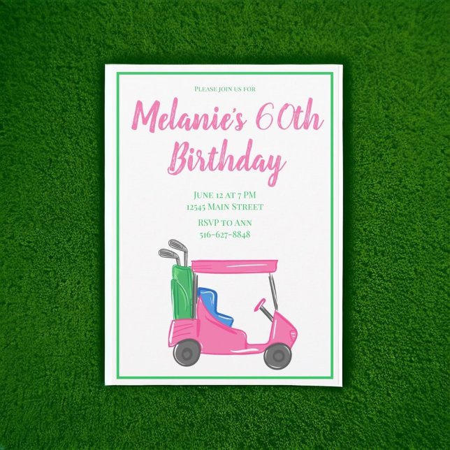 Convite de Aniversário de Golfe Rosa Chique / Carr (Criador carregado)