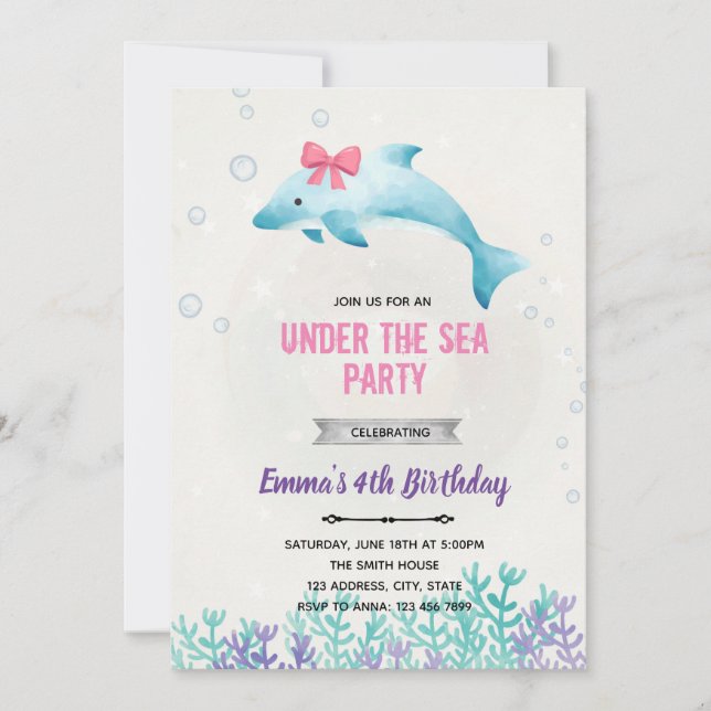 Convite de aniversário de golfinho sob o mar (Frente)
