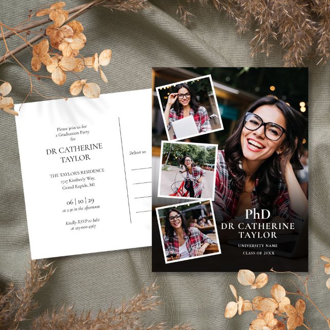 Convite de Aniversário de Graduação com 4 Fotos de (PhD Degree 4 Photo Graduation Party Invitation Postcard)