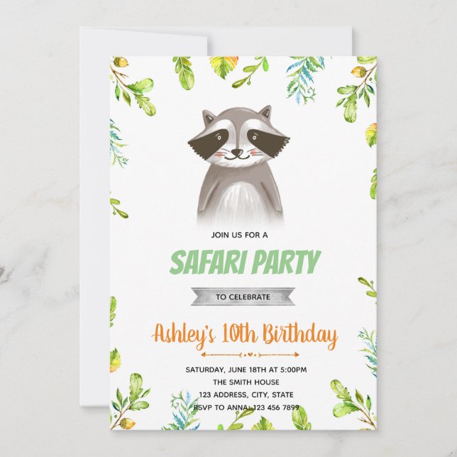 convite de aniversário de guaxinim (Frente)