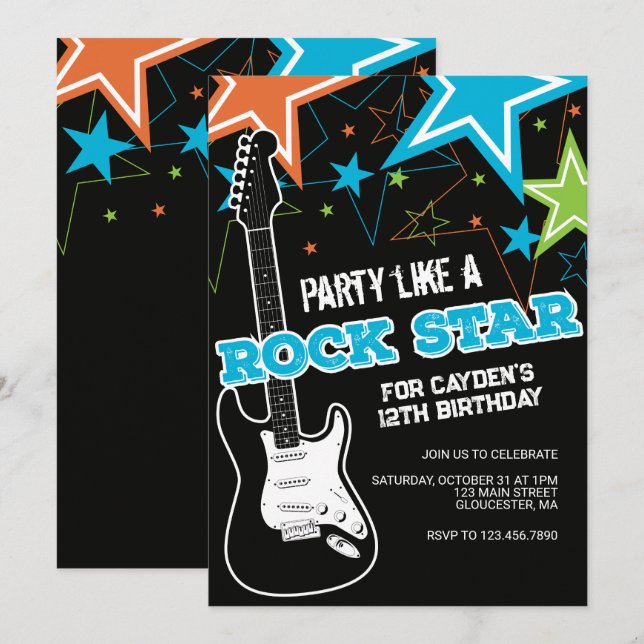 Convite de aniversário de guitarra azul laranja Ro (Frente/Verso)