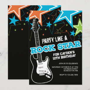Convite de aniversário de guitarra azul laranja Ro