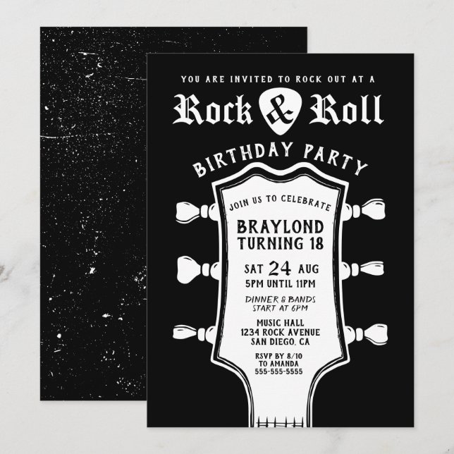 Convite de Aniversário de Guitarra Preto e Branco (Frente/Verso)