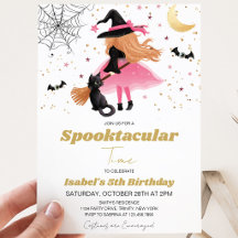 Convite de Aniversário de Halloween da Bruxa Rosa