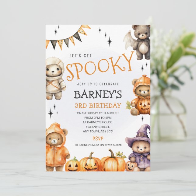 Convite de Aniversário de Halloween dos Ursinhos T (Em pé/Frente)