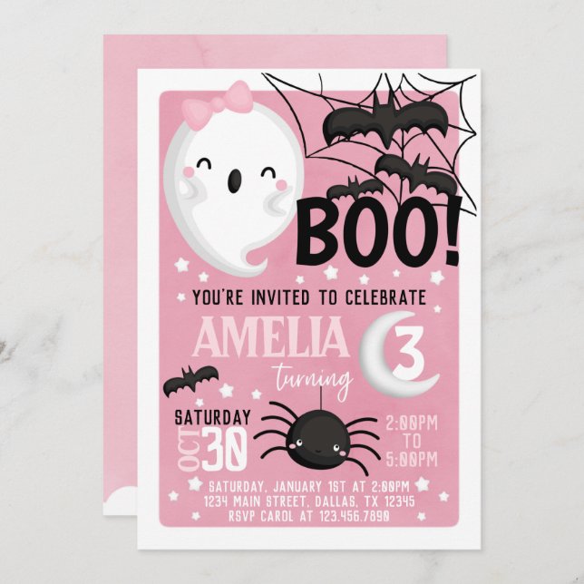 Convite de aniversário de Halloween Fantasma Rosa (Frente/Verso)