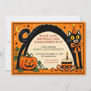 Convite de Aniversário de Halloween Gato Preto Vin