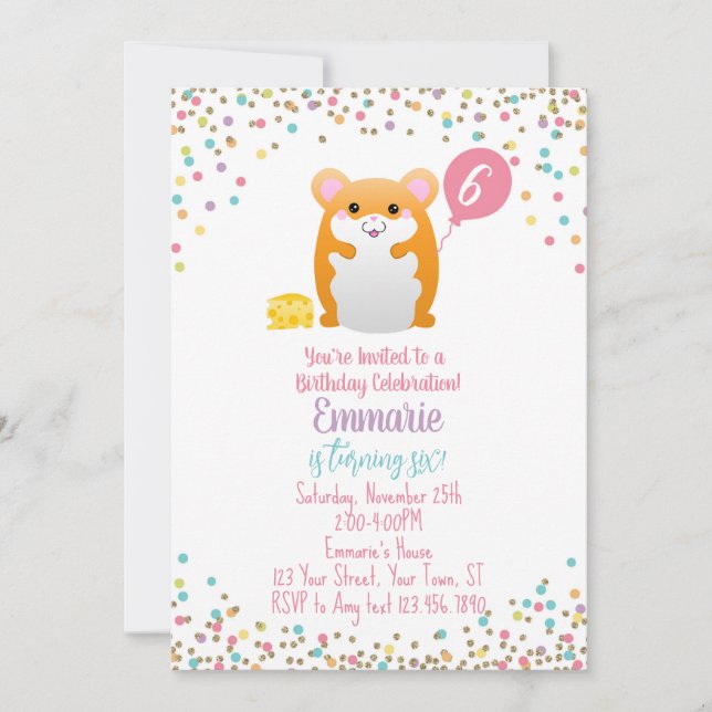 Convite de aniversário de Hamster Confetti Glitter (Frente)