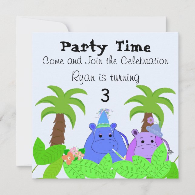 Convite de Aniversário de Hipopótamo na Selva (Frente)