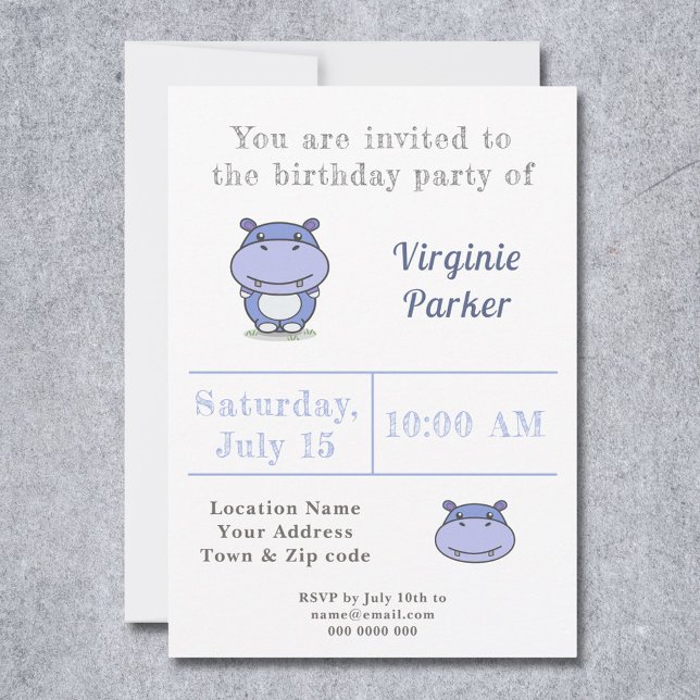 Convite de Aniversário de Hippo Bonito (Cute Hippo Birthday Invitation - Back)