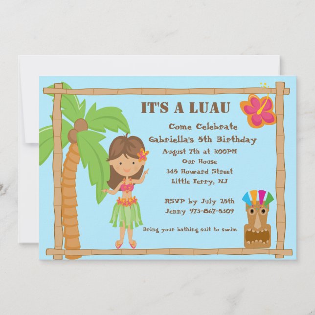 Convite de Aniversário de Hula Girl Luau (Frente)