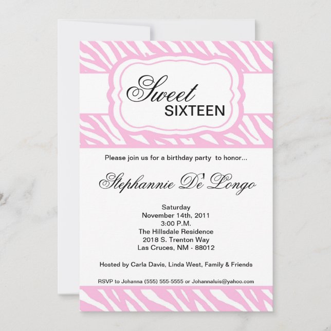 convite de aniversário de Impressão Zebra Rosa 5x7 (Frente)