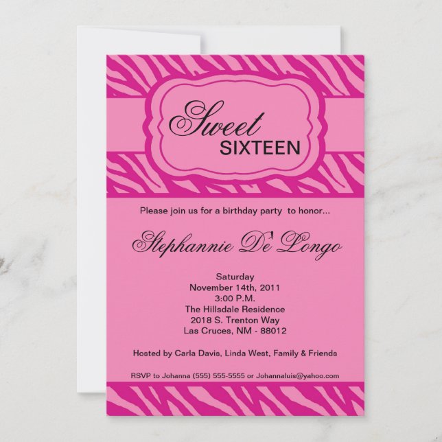 convite de aniversário de Impressão Zebra Rosa 5x7 (Frente)