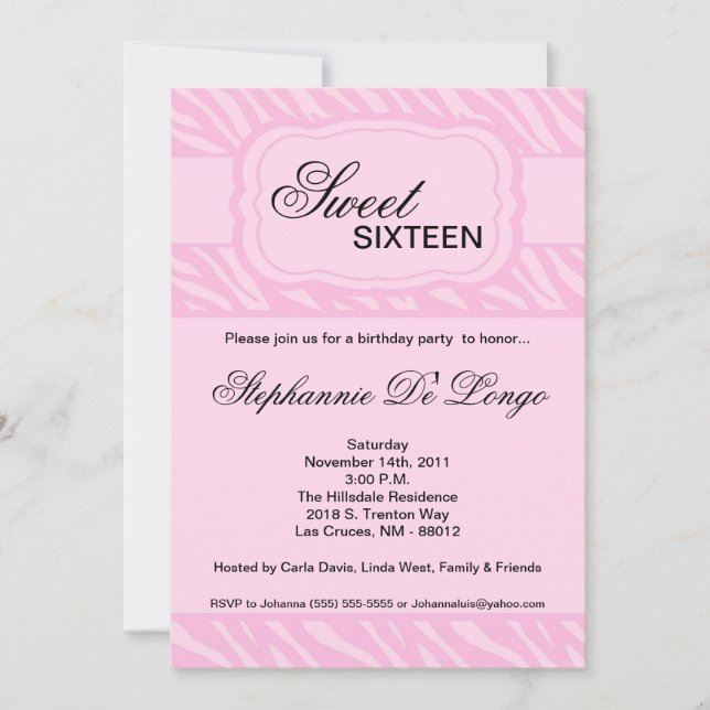 convite de aniversário de Impressão Zebra Rosa 5x7 (Frente)