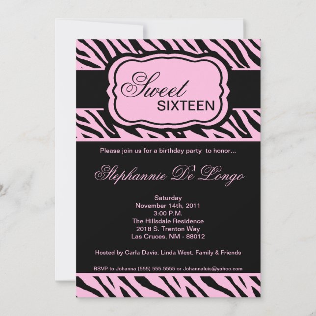 convite de aniversário de Impressão Zebra Rosa 5x7 (Frente)