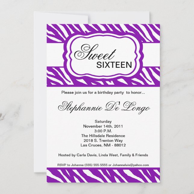 convite de aniversário de Impressão Zebra Roxo 5x7 (Frente)