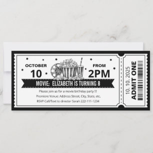 Convite de aniversário de ingresso de filme preto 