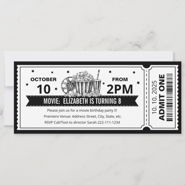 Convite de aniversário de ingresso de filme preto  (Frente)