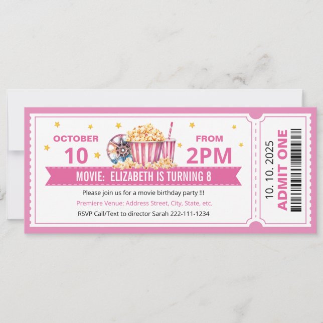 Convite de aniversário de ingresso de filme rosa (Frente)
