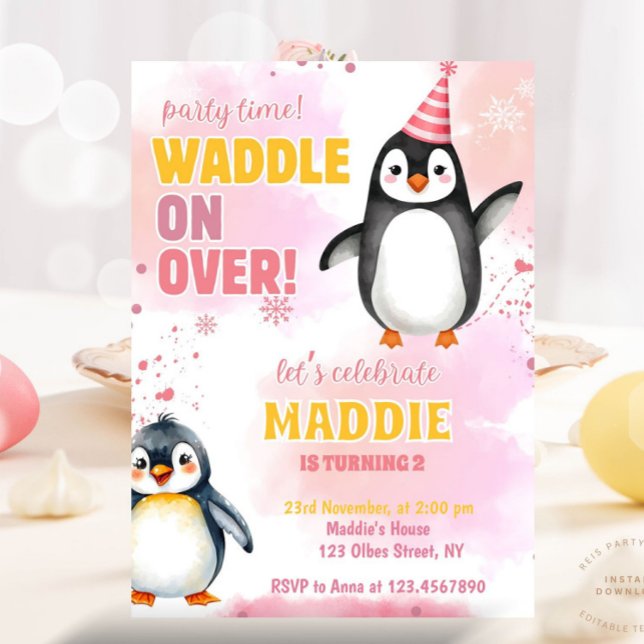 Convite de aniversário de inverno para Pinguim Ros (december birthday, winter birthday, kids birthday party, winter themed, girl birthday, penguin, cute)