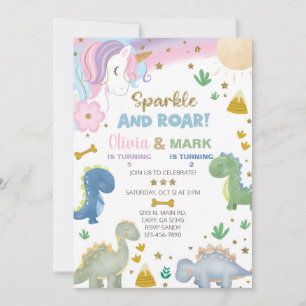 Convite de aniversário de irmãos unicórnio e dinos