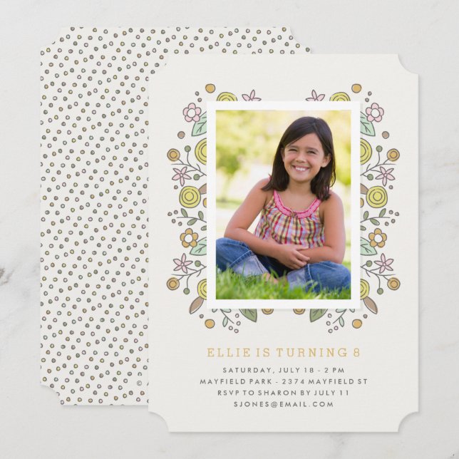 Convite de Aniversário de Jardim - Mostarda (Frente/Verso)