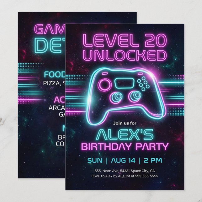 Convite de Aniversário de Jogo Neon para Adolescen (Frente/Verso)