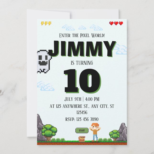 Convite de Aniversário de Jogo Pixel para Meninos (Frente)