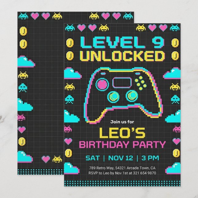 Convite de Aniversário de Jogos Retrô Pixel Gamer (Frente/Verso)
