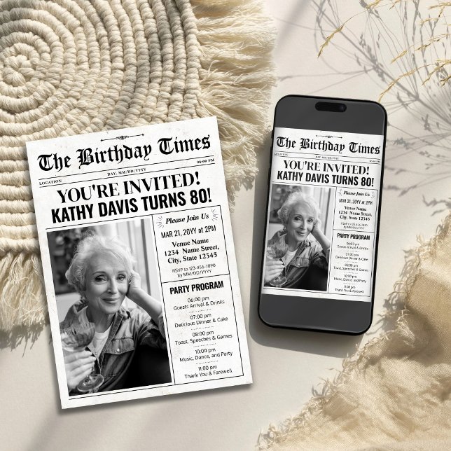 Convite de Aniversário de Jornal com Foto e Progra (Newspaper Birthday Invitation with Photo & Program)