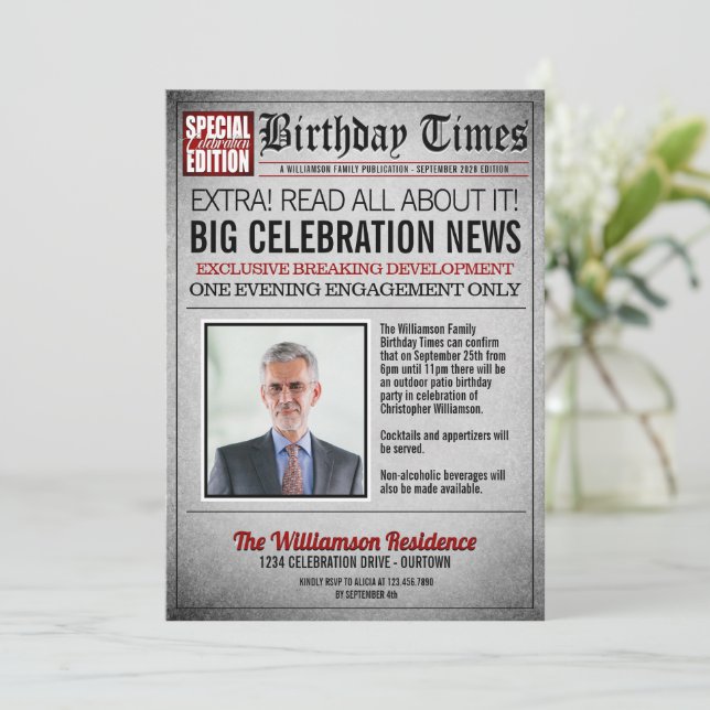 Convite de Aniversário de Jornal da Primeira Págin (Em pé/Frente)